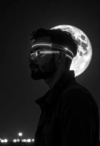 Close-up black and white profile portrait of a man wearing glasses with illuminated straps, silhouetted against a large full moon in the background.