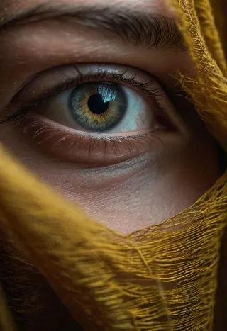Close-up macro photograph of a detailed eye peeking from behind yellow textured curtains with natural soft lighting highlighting the skin and eyelashes.