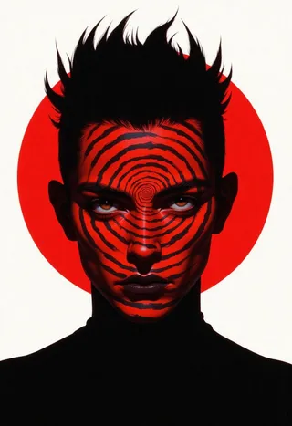 A surreal digital portrait of a black silhouetted figure with spiky hair, featuring a hypnotic red spiral pattern on the face with an intense single eye at the center against a white background.