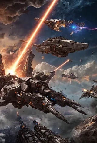 Epic space battle scene with multiple mechs and large spaceships firing fierce lasers amidst clouds of debris and a dramatic starscape background.