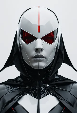 Close-up of a highly detailed futuristic white helmet with a red visor and black cape on a figure, set against a white background.