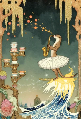 An opera-singing otter wearing a tutu plays the saxophone, launching fireballs while surfing a wave made of melted cheese, accompanied by a centipede monk balancing teacups in an Art Nouveau coral cathedral.