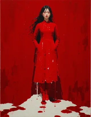 Oil painting of a girl in a flowing red dress standing against a vivid red background with white paint dripping onto the floor, inspired by Makoto Fujimura and Klimt textures.