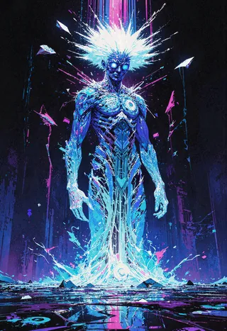 A towering digital deity with glowing short white hair and translucent limbs stands amid neon glitch-art skyscrapers, emitting pixel fragments and fractals.