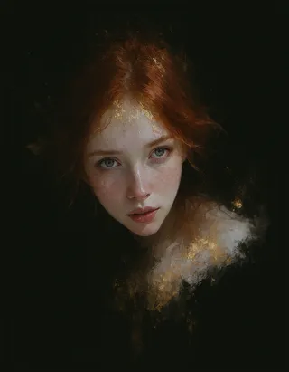 Close-up portrait of a cherubic red haired woman with alabaster skin in a surreal oil painting style, featuring golden gilt textures and diffused light effects.