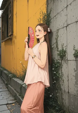 A girl with brown hair in a half updo style, wearing traditional loose pink clothes and a gold wristwatch, holding a pink folding fan, standing outdoors beside a yellow wall and gray stone path under bright daylight.