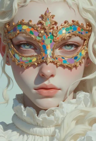 Close-up portrait of a woman with flawless porcelain skin, striking white hair, and light blue eyes wearing an ornate gold-bordered mask with colorful mosaic patterns and dressed in a white ruffled blouse.
