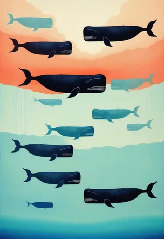 Artistic image of floating whales in an oceanic scene with no water, featuring endless sky both above and below, painted with iridescent colors.