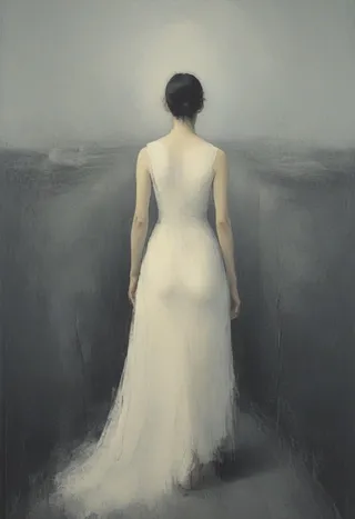 A moody, surreal painting of a woman seen from behind wearing a flowing white dress standing at a bifurcation in a desolate, blurred landscape.