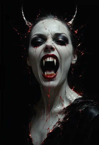 Close-up of a Vampire Queen with open mouth showing sharp iridescent vampiric fangs, pale face with cracks resembling fractured glass, blood dripping from lips, set against a dark blood-crimson background with glowing cracks and eerie inky gown.