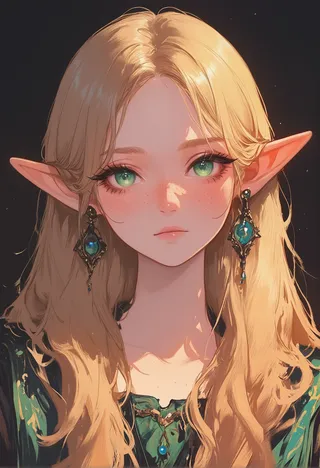 Close-up portrait of an elf girl with long blonde hair, green eyes, pointy ears, freckles, and elaborate blue gemstone earrings.