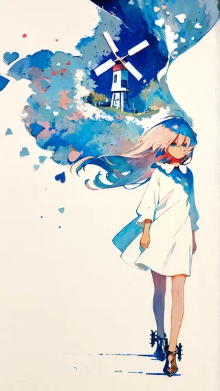 Expressionless girl in a white dress with flowing hair and blue accents, with a surreal blue sky and a windmill surrounded by heart-shaped motifs in an oil painting style.
