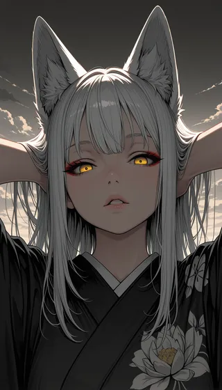 Close-up portrait of a kitsune girl with white hair, fox ears, and striking yellow eyes, wearing a floral print kimono against a cloudy sky background.