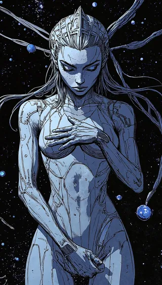Comic book style illustration of a cybernetic priestess floating in zero gravity, encased in a biomechanical exoskeleton with fiberoptic tendrils in space.