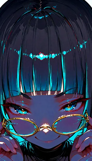 Close-up of a petite girl with blunt bangs and blue eyes wearing round golden eyewear, adjusting the glasses with a smug expression against a vivid blue and black two-tone background in crisp vector art style.