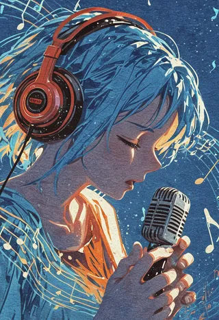 Painterly portrait of a girl with blue hair wearing headphones, holding a vintage microphone and singing passionately surrounded by musical notes.