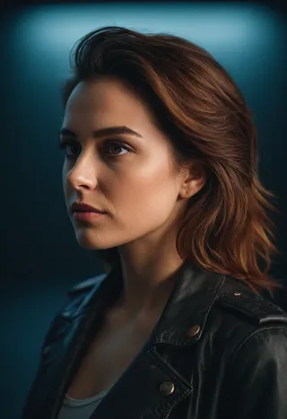 Half body portrait of a woman with brown hair wearing a black leather jacket, shown in side profile against a dark blurred background with cinematic lighting.