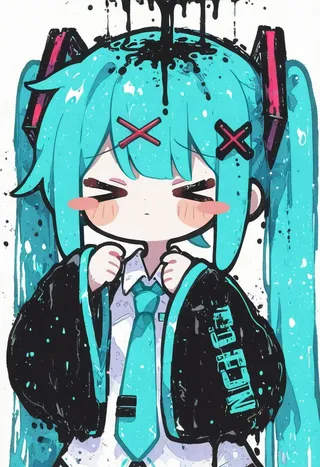 Chibi-style illustration of Hatsune Miku with aqua twintails, blushing cheeks and black wide sleeves, rendered in detailed ink art on a simple white background.