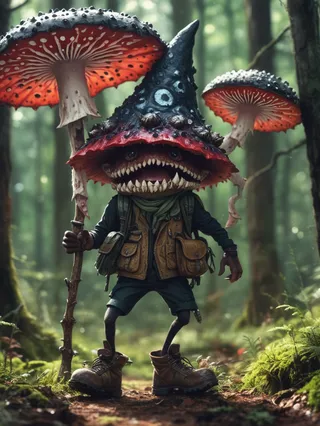 A humanoid creature with a giant fly agaric mushroom cap head featuring sharp teeth, standing in a vibrant deep forest with moss, holding a wooden staff.