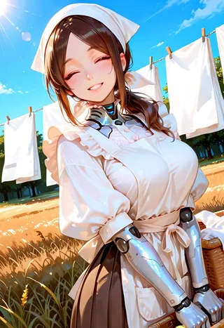 Smiling robotic housekeeper with mechanical arms wearing a maid outfit, holding a laundry basket outdoors with fluttering white sheets and blue sky in background