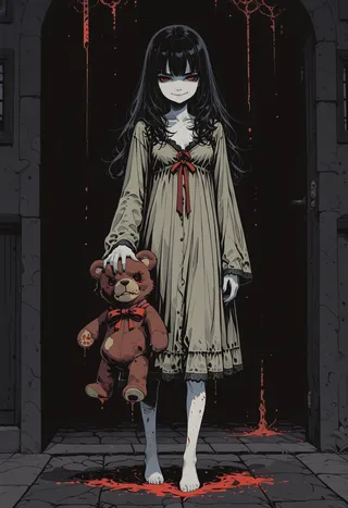 Anime girl with red eyes and evil smirk in a nightgown holding a teddy bear standing barefoot in a dark haunted house with blood rain and glitch effects
