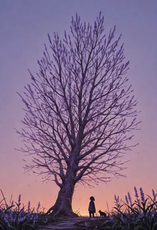 A large lavender-colored tree stands against a sunset sky with a silhouette of a girl and a cat nearby in a surreal fantasy scene.