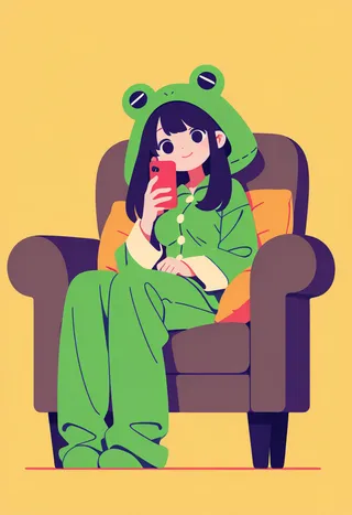 A woman with long dark hair wears green frog-shaped hooded pajamas while sitting in a brown armchair with orange cushions and smiling at her phone