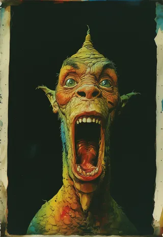 A hyper-realistic whimsical creature with textured, colorful skin and large curious eyes staring with an open mouth, captured with an authentic Polaroid photo texture.