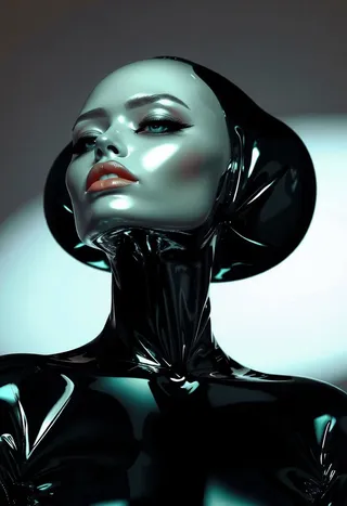 Abstract model wearing a shiny black latex outfit with bold makeup and avant-garde styling.