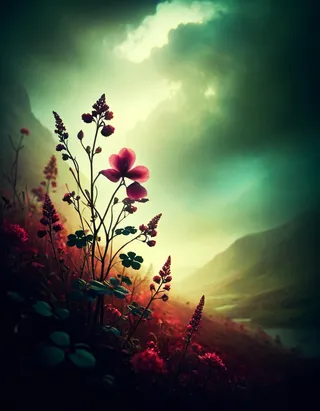 Delicate arcane flora with vibrant pink flowers set against a traditional Irish mountainous landscape under cinematic, dramatic lighting.