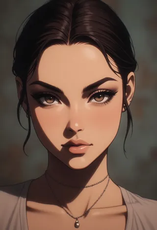 Close-up portrait of a woman with dark hair, brown almond-shaped eyes, and a silver necklace, softly lit with a neutral background.