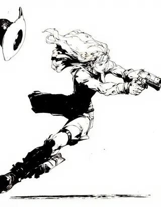 Black and white comic book style illustration of a female character with long flowing hair dynamically aiming a gun at an alien-like object in the air.
