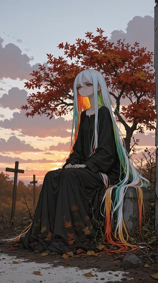 A girl with very long, multicolored hair sits outdoors at sunset beside an autumn tree with red leaves, wearing a long black dress amidst dead leaves.