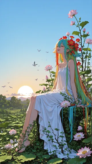 A serene goddess of spring with very long multicolored hair, sitting on a stone surrounded by lush vegetation and blooming lotus flowers at sunrise.