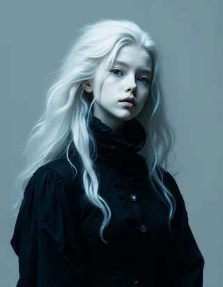 Portrait of an albino tween cyborg girl with pale skin, bright blue eyes, long flowing white hair, wearing a black high-collared dress, under Rembrandt lighting.