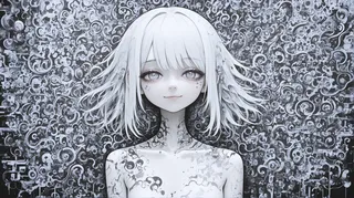 Closeup of an anime girl with white hair and a light smile, set against a detailed monochrome abstract background with celestial and metallic textures.