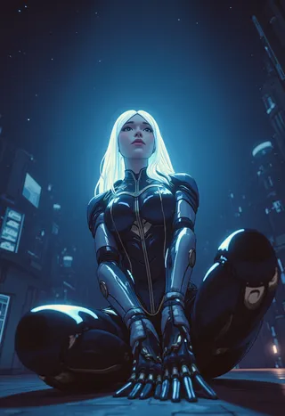 Futuristic cyborg girl with luminous neon white hair sitting cross-legged, viewed from below with mechanical limbs and glowing blue lighting in a dark cyberpunk city.