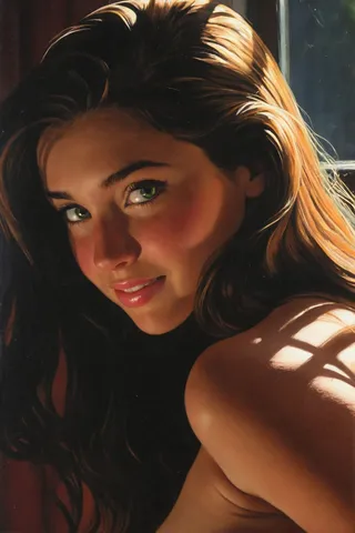 Realistic close-up portrait of a young female with green eyes, sultry smile, warm sunlight and window shadows on her shoulder.