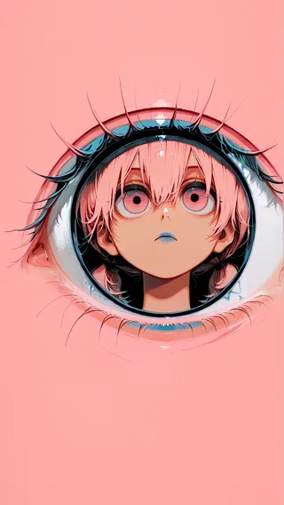 Portrait of a girl with pink twintails, blue lips, and large pink eyes centered inside a large eye with a pink-themed background