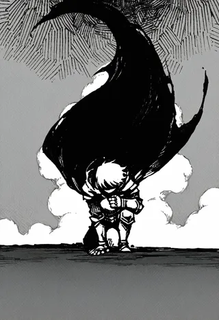 Monochrome illustration of a knight in armor kneeling with a flowing cape against a halftone sky and clouds background.