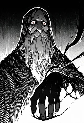 A monochrome close-up of an old male sorcerer with long white beard and red eyes, wearing black rags and performing blood magic with a single black hand.