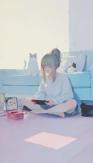 A young woman with a messy bun sits cross-legged on the floor in a living room playing a Nintendo Switch, surrounded by three cats and soft natural light.