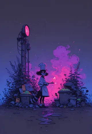A little fat raccoon wearing a chef's hat stands grinning next to trash cans filled with trash soup and surrounded by purple smoke and plants in a cinematic night setting.