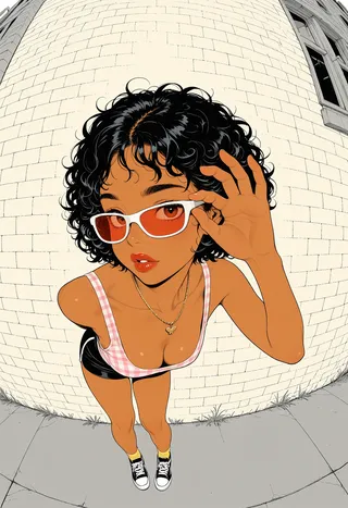 Young dark skin girl with curly black hair wearing white-framed orange-tinted sunglasses, pink plaid tank top, black shorts, yellow ankle socks, and black sneakers, leaning forward with an urban fisheye backdrop featuring a light brick wall and sidewalk.