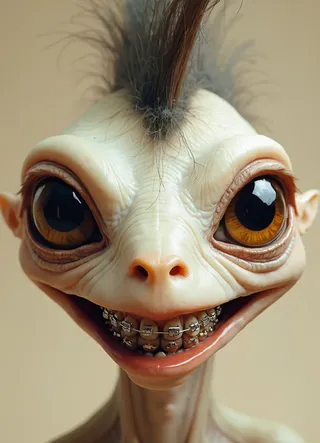 Close-up of a hyperrealistic alien with a towering black mohawk, large amber eyes, pearlescent skin, and shiny dental braces, set against a beige background.