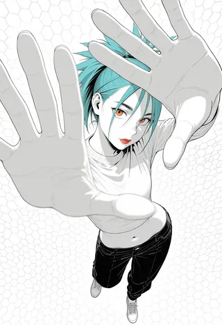 Dynamic illustration of a girl with aqua hair in a high ponytail, orange eyes, red lips, dressed in a white cropped shirt and black pants, reaching hands forward against a white honeycomb background.