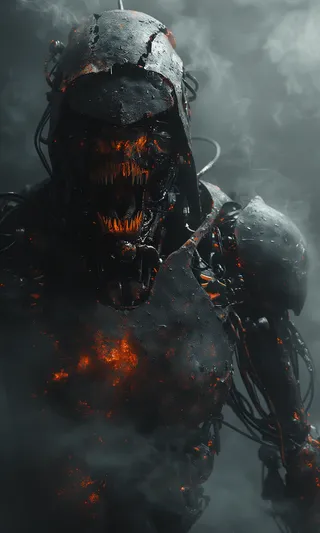 Dark menacing humanoid robot with a heavily rusted and damaged exterior, glowing orange-red teeth under a hooded helmet in a smoky dark gray background.