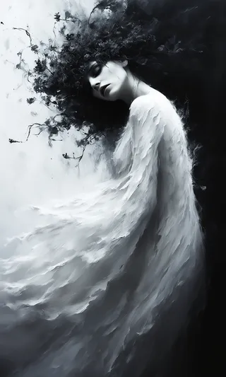 Digital painting of a ghostly woman in a flowing tattered white dress wearing a crown of dark twisted flowers, set against a dark, textured, abstract background.