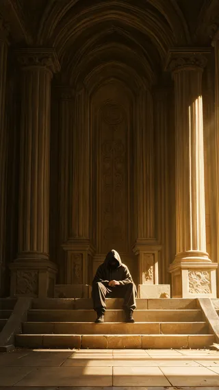 A hooded man sits on stone steps inside an ancient temple illuminated by golden volumetric light, casting dramatic shadows around him.