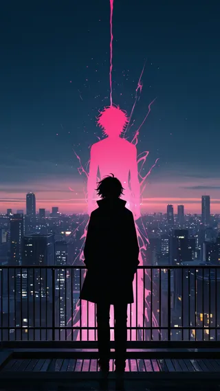 Silhouette of a man standing on a city rooftop at night facing a glowing neon pink figure with the sprawling city lights in the background.